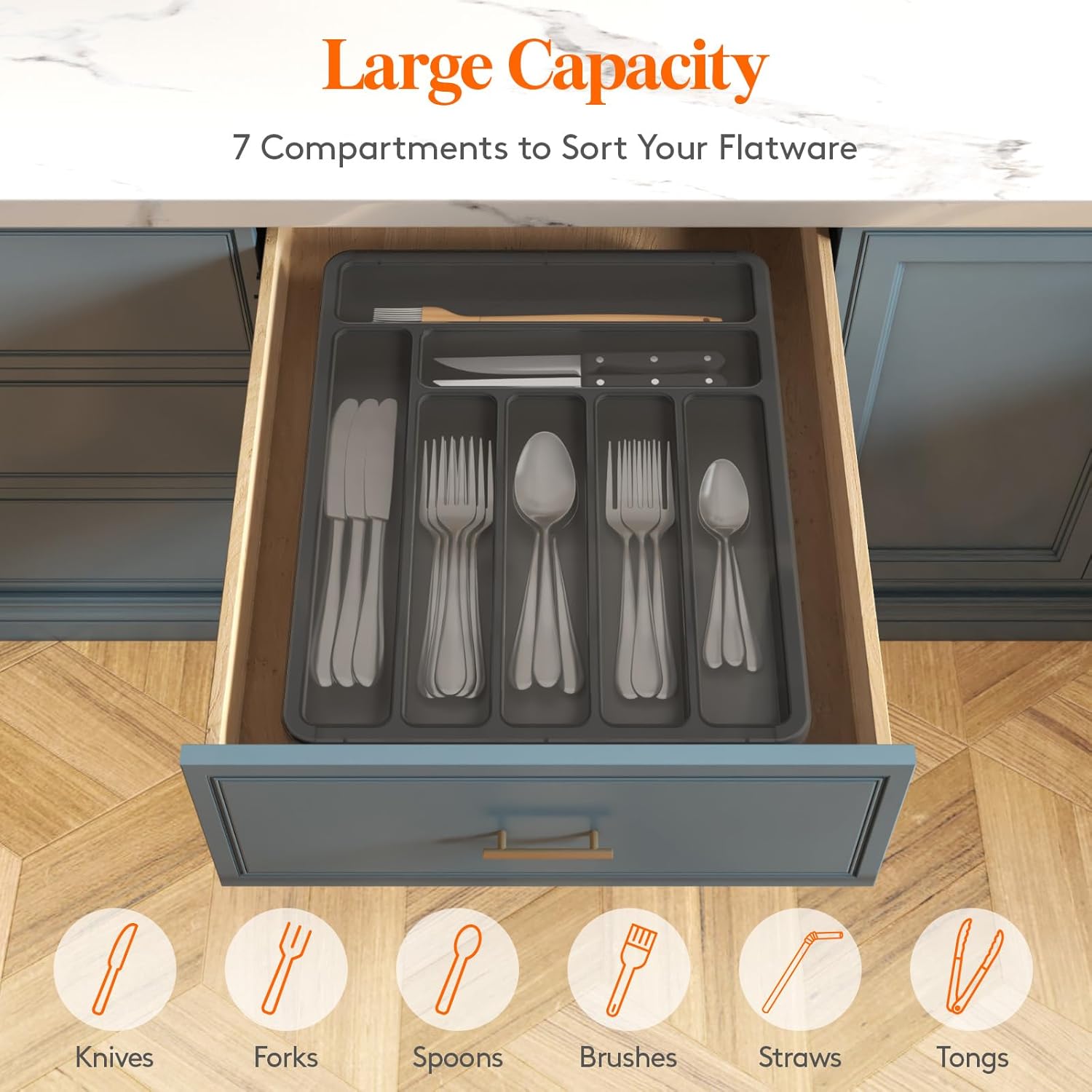 Silverware Organizer with Lid, 7-Compartment Covered Utensil Tray for Kitchen Drawers and Countertops, Plastic Cutlery and Flatware Storage Box, Black - PuriLite
