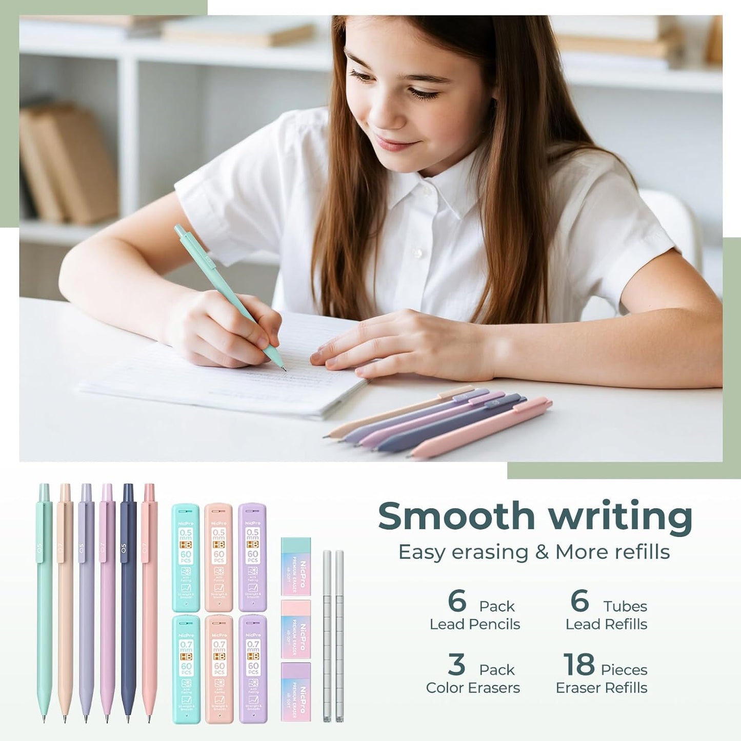 Nicpro 39 PCS Aesthetic School Supplies, Cute Pen Case Stationery Set,Green | 12 Highlighters, 5 Quick Dry Gel Pens, 6 Mechanical Pencils 0.5 & 0.7 mm, Back to School Kit for Student College Essentials