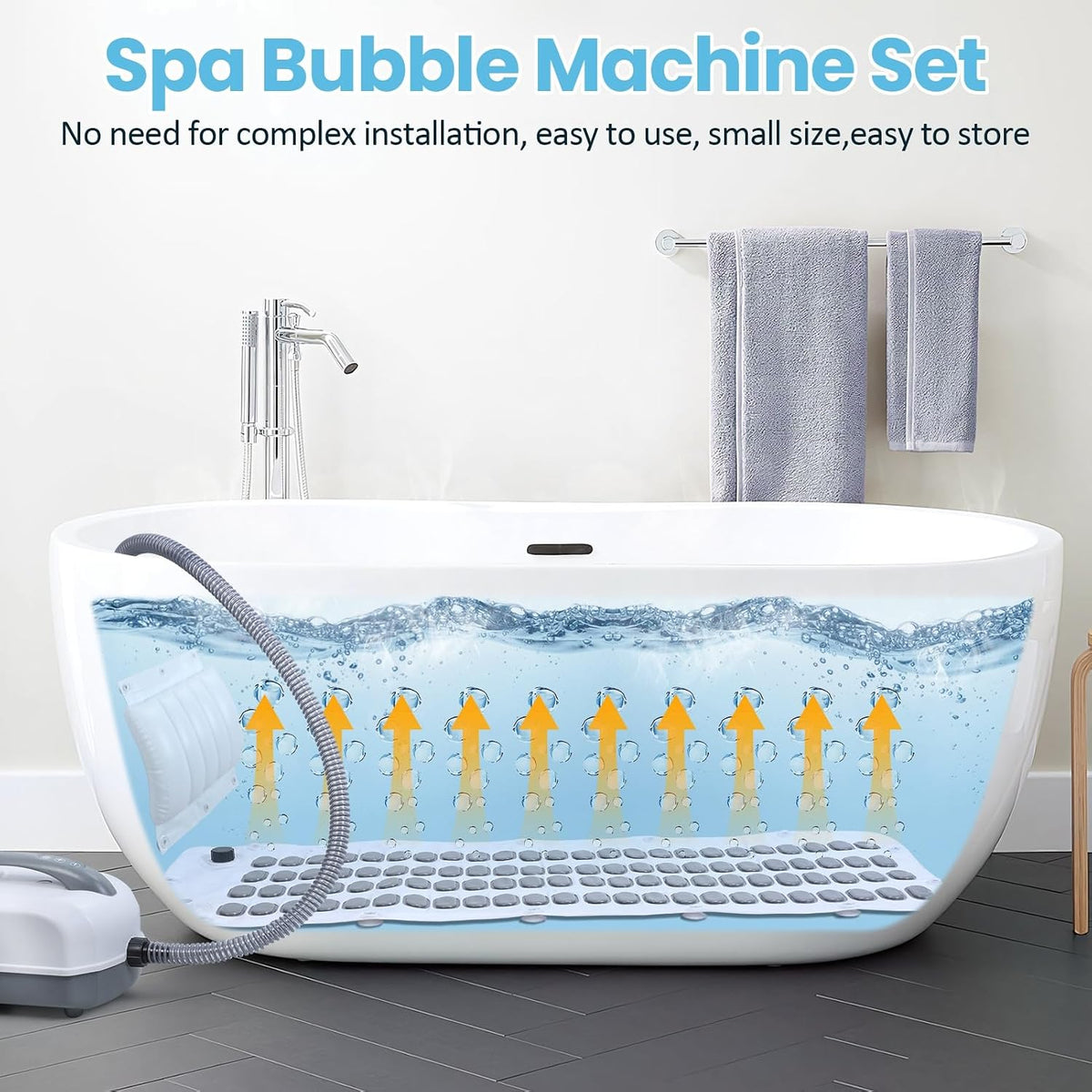 Electric Bubble Massage Bath Mat, Waterproof Massaging Spa, Body Bubbling Bath Thermal Massager Machine with Remote & Pillow, Motorized Air Pump & Adjustable Bubble Settings US Plug