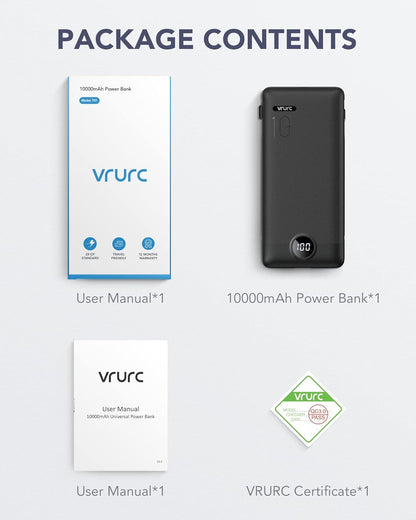 Portable Charger Built-in Cables and AC Wall Plug, VRURC USB C Power Bank 10000mAh, [2025 Upgraded Version] Phone Charger Compact Lightweight External Battery Pack for Smart Phones,Navy Blue
