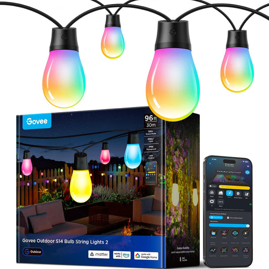 Govee S14 Bulb Outdoor String Lights 2, 96ft Smart RGBIC Warm White Patio Lights with 30 LED Bulbs, 111 Scene Modes for Outdoor Decor, Works with Alexa, Google, Matter, APP Control, IP66 Waterproof - PuriLite