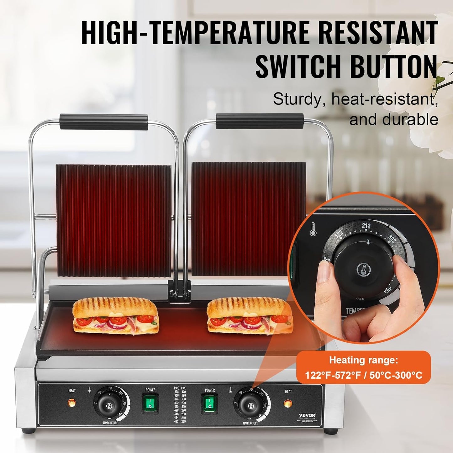 VEVOR 7 IN 1 Electric Contact Grill,1800W Indoor Panini Press Griddle,Stainless Steel Teppanyaki Grill with Nonstick&Removable Iron Plate, 0-446℉ Adjustable Temp Control,LCD Display,110V