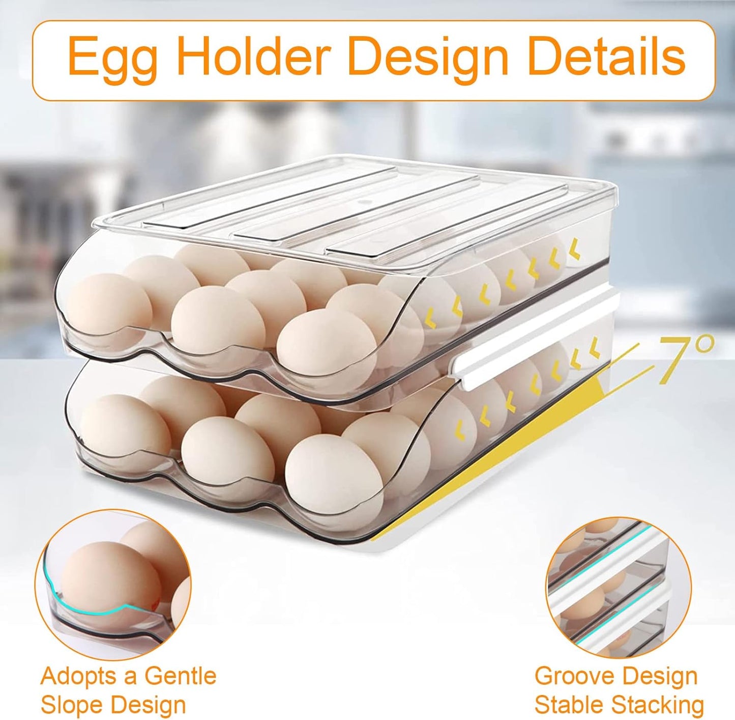 Auto Rolling Egg Storage for Fridge | Stackable Egg Organizer | Refrigerator Egg Holder with Lid | Kitchen Fridge Storage Box | Space Saving Egg Container