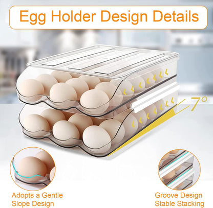 Auto Rolling Egg Storage for Fridge | Stackable Egg Organizer | Refrigerator Egg Holder with Lid | Kitchen Fridge Storage Box | Space Saving Egg Container