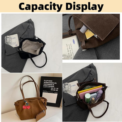 Purilite Select | Suede Shoulder Bag for Women | Pleated Vintage Hobo Tote | Medium Underarm Satchel with Charm Pendant - PuriLite