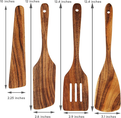 Wooden Spatula for Cooking, Kitchen Spatula Set of 4, Natural Teak Kitchen Utensils Including Paddle, Turner, Slotted Spurtle and Wood Scraper - Nonstick cookware