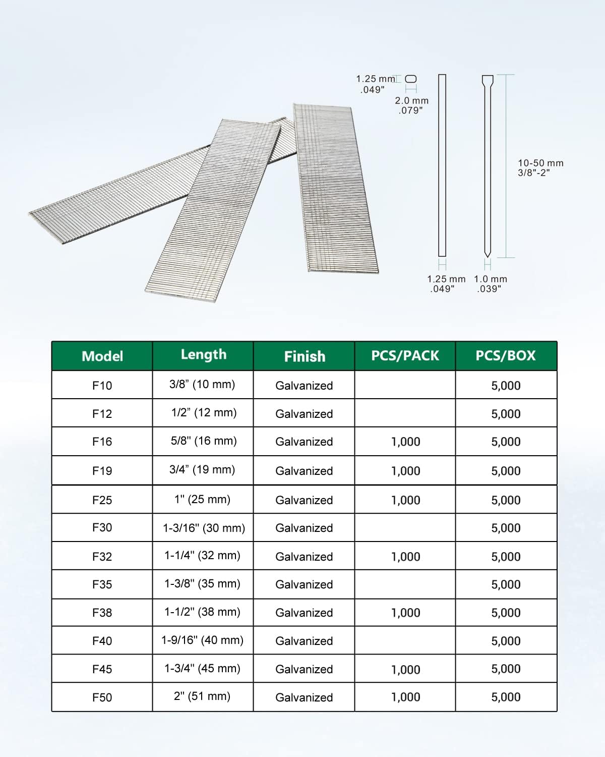 meite F50 18 Gauge 2-Inch Leg Length Galvanized Brad Nail Ideal for Upholstery, Trims, Molding, Woodworking 5000pcs/Box (1 Box)