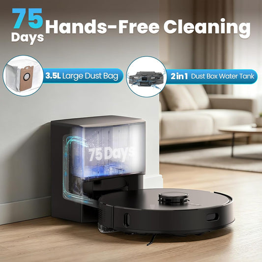 Robot Vacuum and Mop Self-Emptying with 8,000Pa Suction, LiDAR Navigation, Home Mapping, 75-Day Capacity, No-Go Zones, 150 Mins, APP＆Voice Control for Pet Hair, Hard Floors, Carpets, E10+