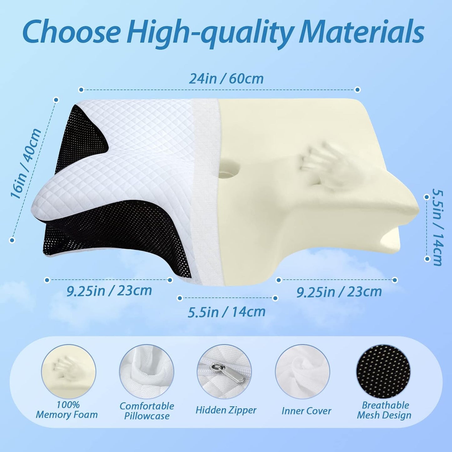 HOMCA Memory Foam Pillow, 2 in 1 Cervical Pillow for Neck Pain Relief, Ergonomic Neck Support Pillows for Side Back Stomach Sleepers with Breathable Pillowcase (Gray)