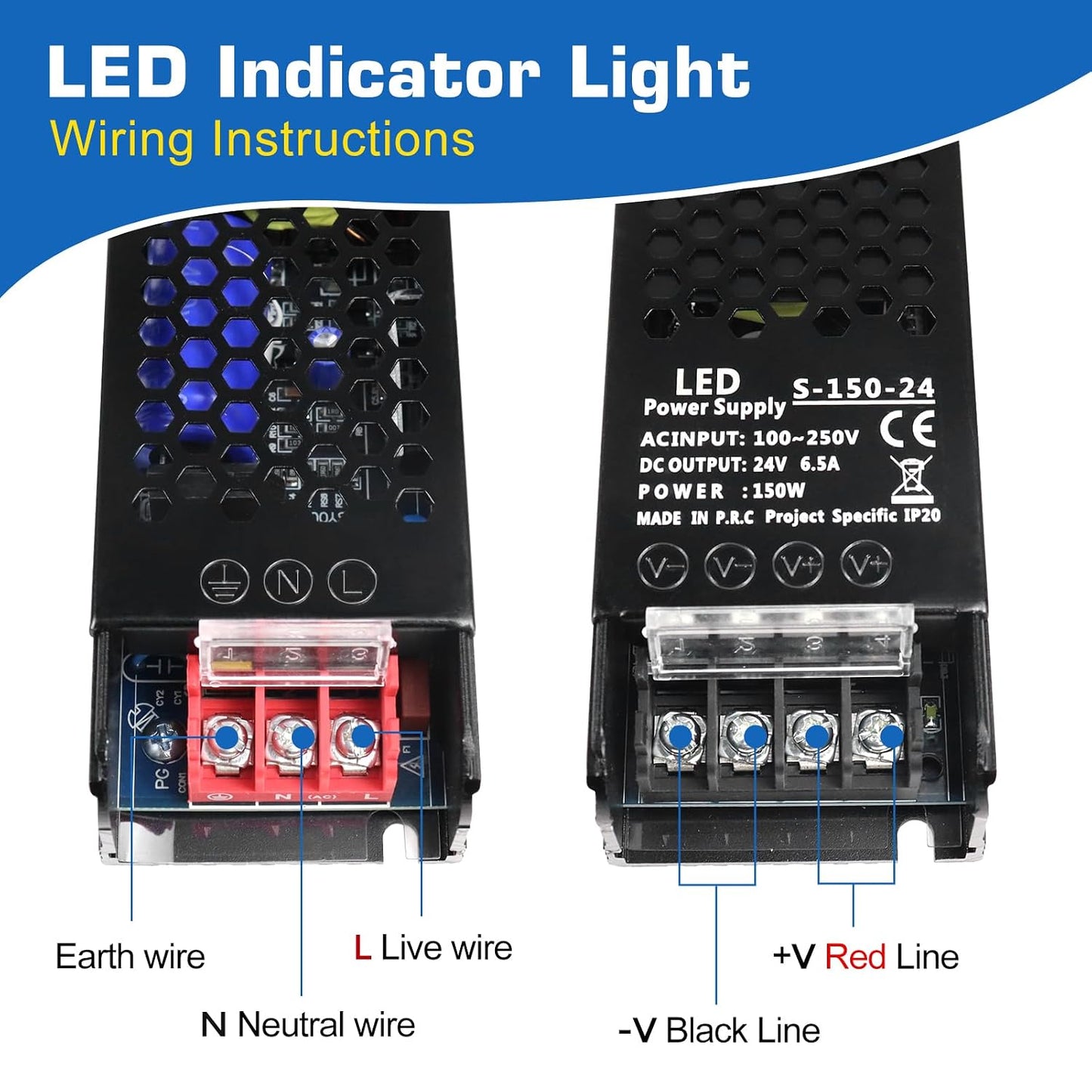 LED Driver 24V 150W 6.5A Slim LED Power Supply, AC 100-250V to 24V DC Adapter, Constant Voltage Transformer for LED Strip Lights, Bulbs, Garden Light, Cabinet Lights