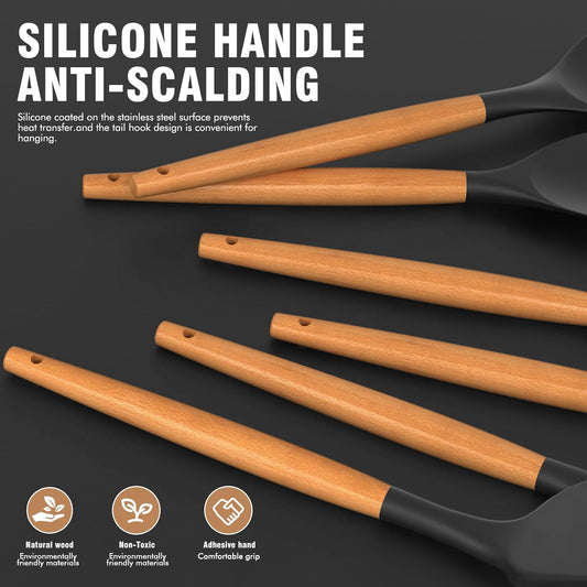 Silicone Cooking Utensils Set - Silicone Kitchen Utensils for Cooking Wooden Handles, 446°F Heat Resistant Kitchen Utensil Spatula Sets w Holder, Gadgets for Non-Stick Cookware BPA Free (Black) - PuriLite