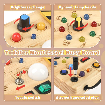 Joyreal Montessori Busy Board Wooden Sensory Toys for Toddler with LED Light Up Switch, Baby Fidget Board Travel Toys for 18+ Months, Boys Girls Birthday