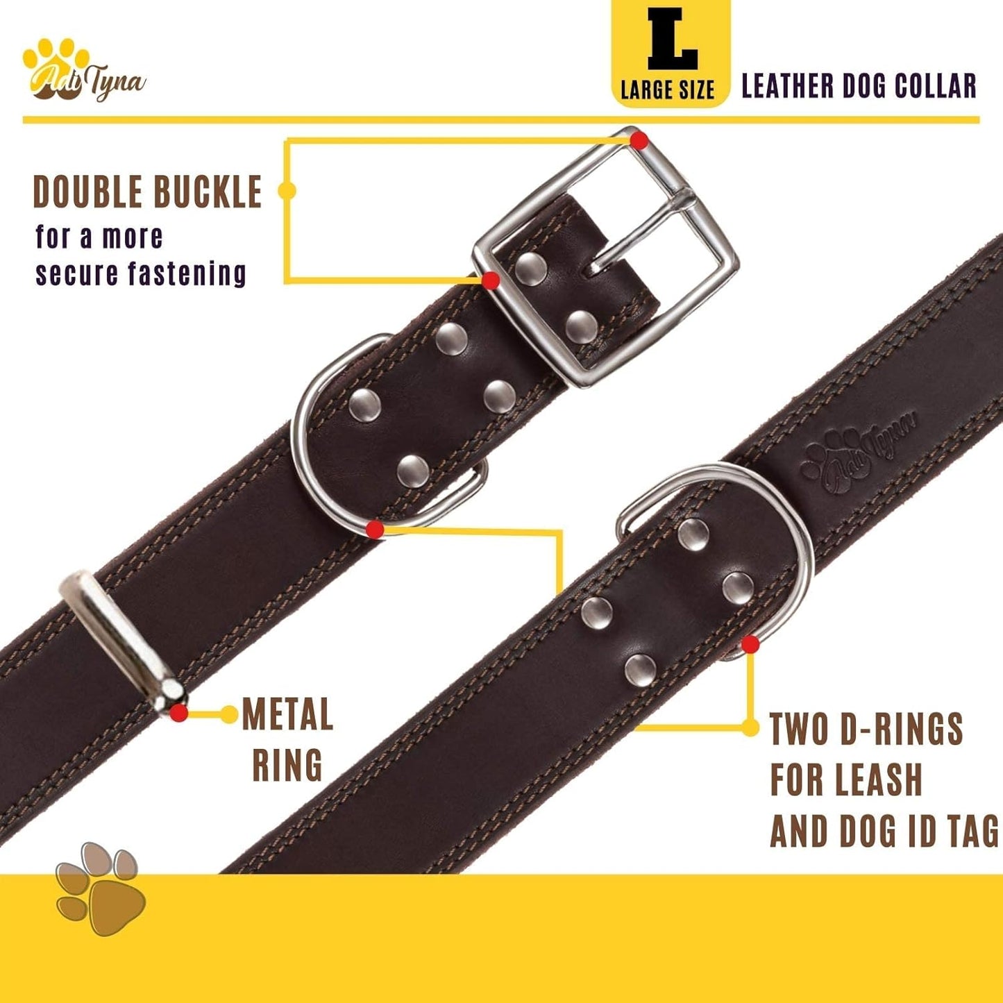 ADITYNA Heavy-Duty Leather Dog Collar for Medium Dogs - Soft and Strong, 100% Genuine Leather - Collier Pour Chien (Medium: Fit 13" - 20" Neck, Brown)