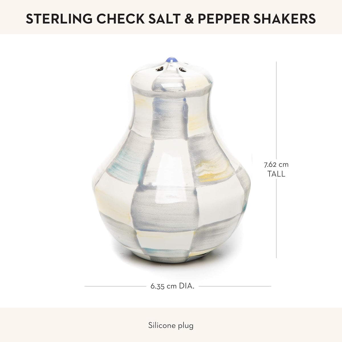 MACKENZIE-CHILDS Enamel Salt and Pepper Shakers, Farmhouse Kitchen Decor and Accessories, Small, Grey-and-White Sterling Check