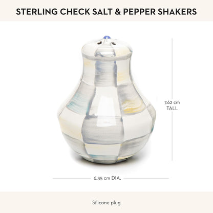 MACKENZIE-CHILDS Enamel Salt and Pepper Shakers, Farmhouse Kitchen Decor and Accessories, Small, Grey-and-White Sterling Check