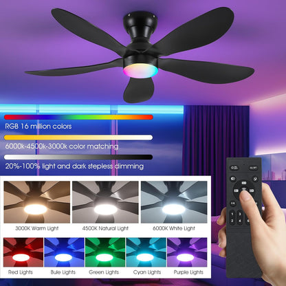 Modern Ceiling Fans with Lights Remote/APP Control, 29" Flush Mount Ceiling Fans with 3 CCT Dimmable Lights, Low Profile Ceiling Fans with 5 Propeller Blades LED Lights for Kids Room Bedroom, Brown - PuriLite