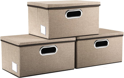 PRANDOM Large Foldable Storage Bin with Lid [1-Pack] Linen Fabric Decorative Storage Box Organizer Containers Basket Cube with Handles Divider for Bedroom Closet Office Living Room (17.7x11.8x11.8")