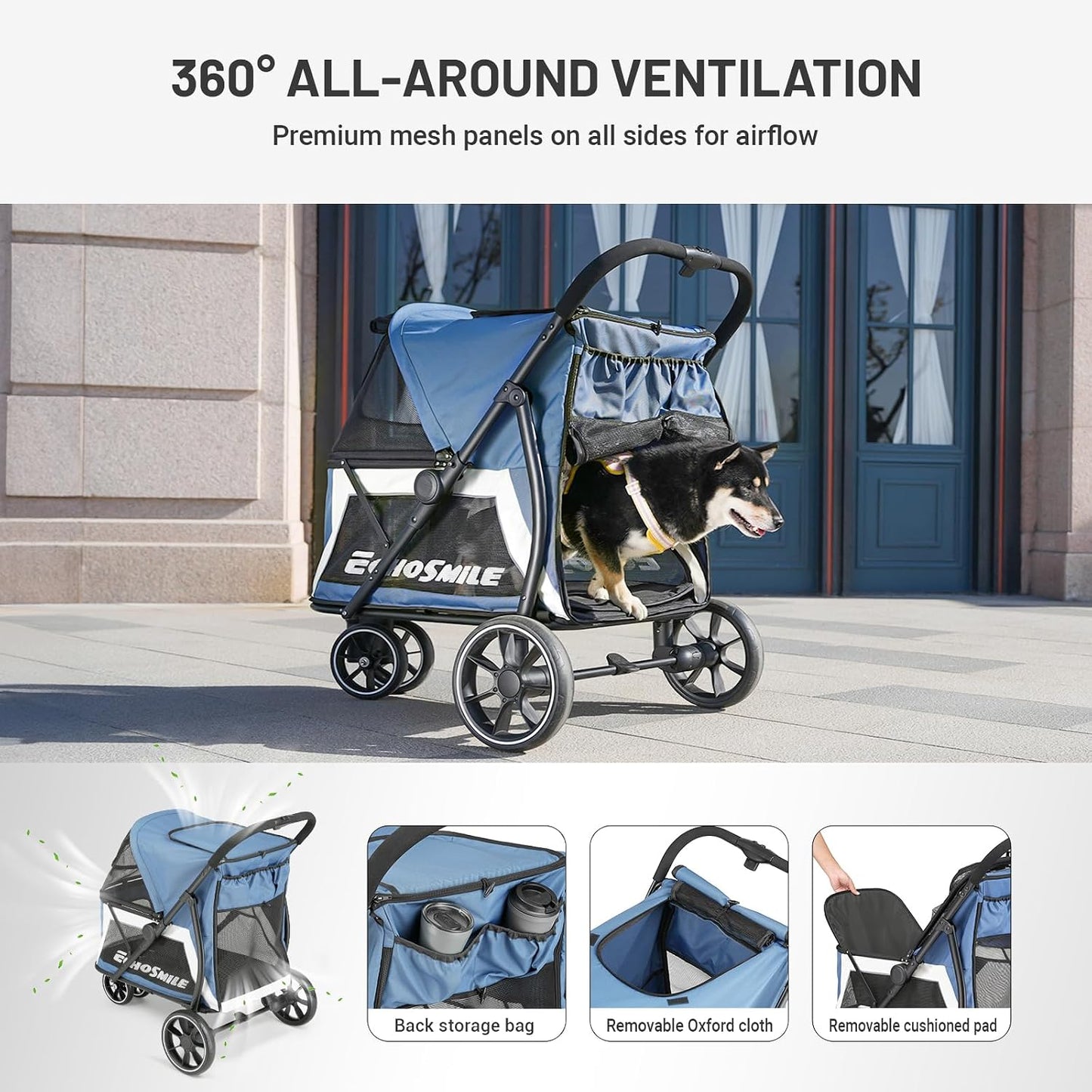 EchoSmile Dog Stroller for Medium & Small Dogs, Foldable Pet Stroller with 3 Wheels & Brakes, All-Terrain Cat Dog Carrier with Breathable Mesh, Safety Leash and Storage Pocket, Blue