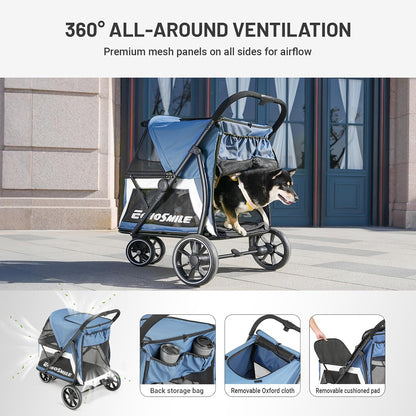 EchoSmile Dog Stroller for Medium & Small Dogs, Foldable Pet Stroller with 3 Wheels & Brakes, All-Terrain Cat Dog Carrier with Breathable Mesh, Safety Leash and Storage Pocket, Blue