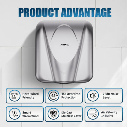 AIKE Elephant Power Commercial Hand Dryer High Speed Auto Warm Wind, Matte Black Thermoset Cover AC110V-130V Model AK2812