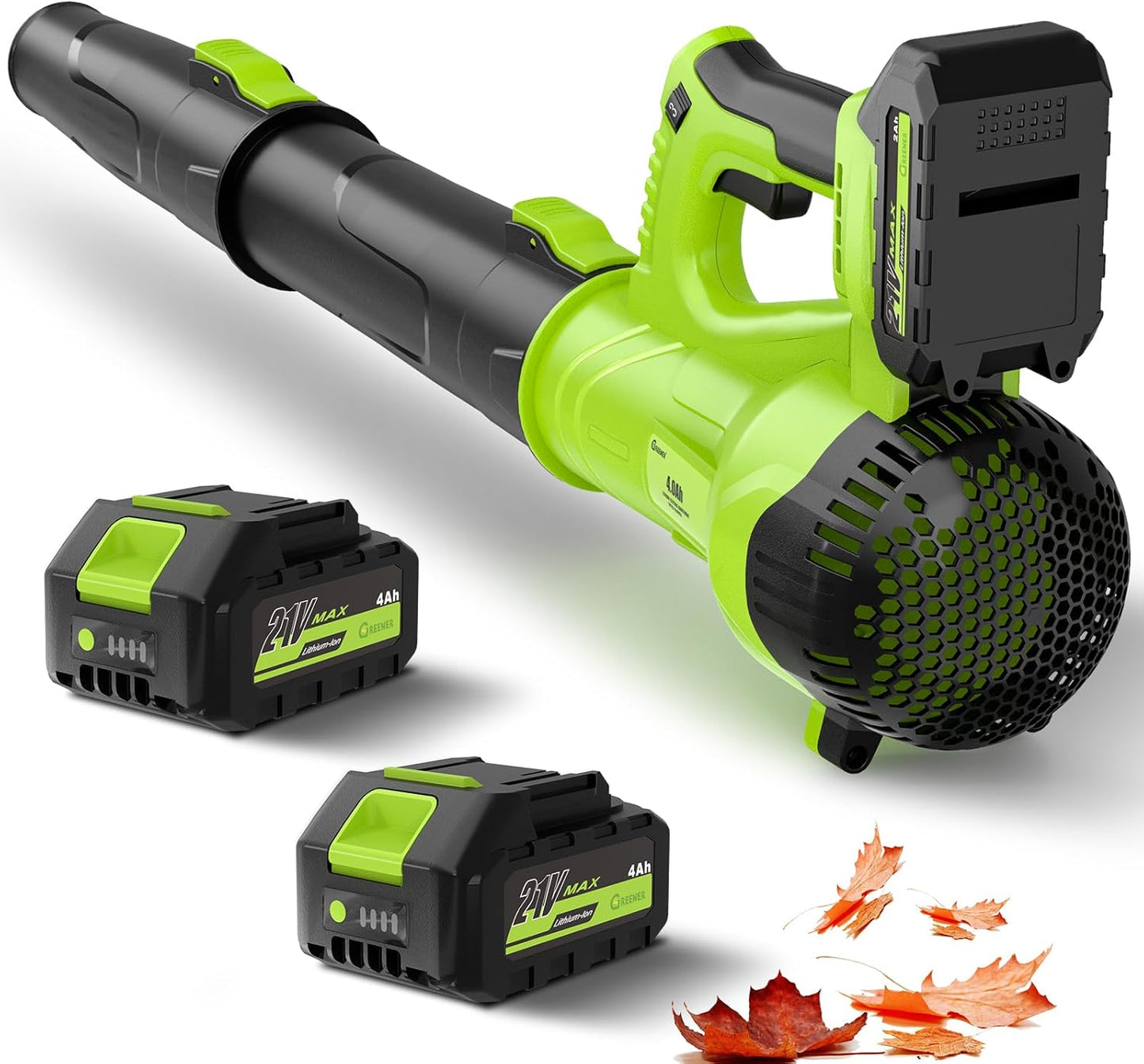 GREENER 21V Leaf Blower Cordless - 460CFM/145MPH Turbo Mode Electric Leaf Blower with 2 X 4.0Ah Battery and Fast Charger Included, Blowing Leaves and Dust, Patio Cleaning