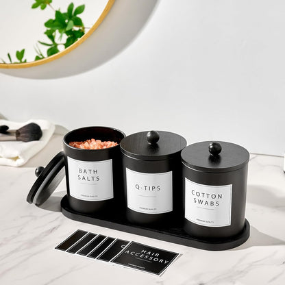 Black Glass Qtip Holder Set with Bamboo Tray, Cotton Swab and Round Dispensers with Lids, Apothecary Bathroom Storage Jars, Set of 3 - PuriLite