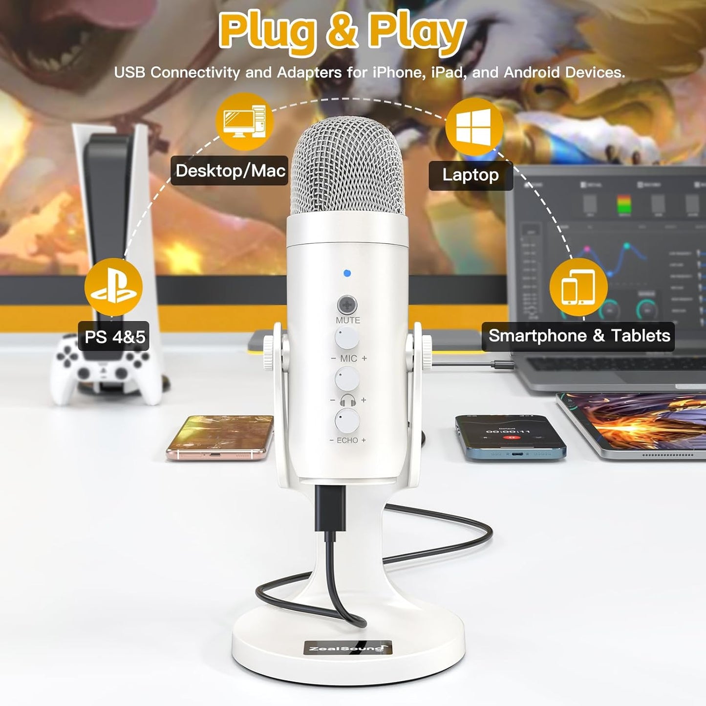 ZealSound USB Microphone,Condenser Phone Computer PC Mic kit,Plug&Play Gaming Microphones for PS 4&5.Mic Gain&Volume Control,Echo &Mute Button for Vocal,Record,Streaming,Discord YouTube Podcast on Mac