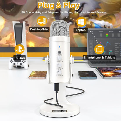 ZealSound Podcast Microphone, Noise Cancellation Mic with Gain, Volume Adjustment & Mute Button, Monitor & Echo, for ASMR, Vocal Recording, YouTube, TikTok, PC, iPhone, iPad, Android, Mac, K66, White