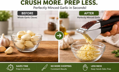 Garlic Press Set, Heavy Duty Zinc Alloy Garlic Crusher & Mincer – Ergonomic Non-Slip Handle, Easy Clean with Peeler & Brush, Professional Kitchen Tool for Garlic, Ginger & Herbs