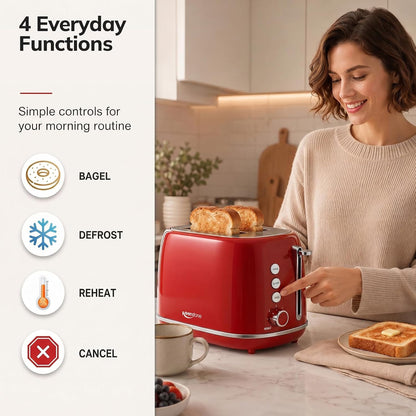 Toaster 2 Slice Stainless Steel Toaster Retro with 6 Bread Shade Settings, Bagel, Cancel, Defrost Function, 2 Slice Toaster with Extra Wide Slot, Removable Crumb Tray, Red