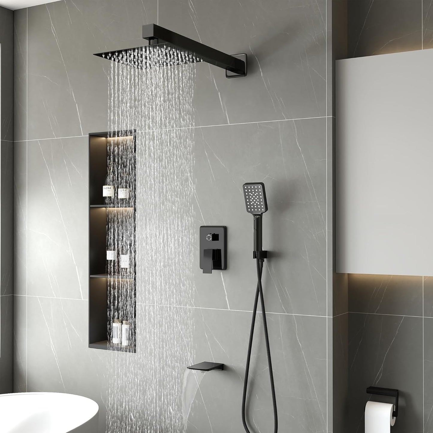 LCEVCGK Shower Faucet Set Complete Matte Black Shower System with 8 inch Square Rainfall Shower Head 3-Function Handheld Shower Waterfall Bathtub Spout Rain Shower Combo Set Bathroom Wall Mounted