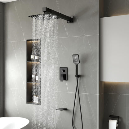 LCEVCGK Shower Faucet Set Complete Matte Black Shower System with 8 inch Square Rainfall Shower Head 3-Function Handheld Shower Waterfall Bathtub Spout Rain Shower Combo Set Bathroom Wall Mounted