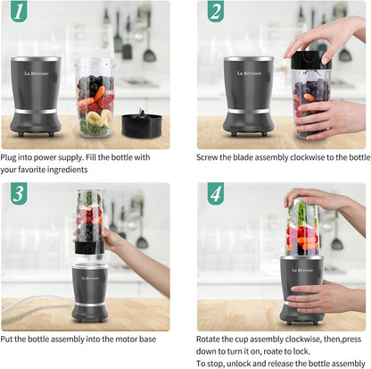 La Reveuse Personal Size Blender 250 Watts Power for Shakes Smoothies Seasonings Sauces with 1 Piece 15 oz Cup,1 Piece 10 oz Mug,BPA Free (Black)
