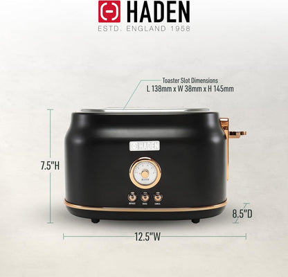 Haden Dorset 75083 Stainless Steel 1500W Retro Toaster 4 Slice Wide Slot w/Removable Crumb Tray and Settings, Black/Copper Toasters w/Adjustable Browning Control, Smart Toaster