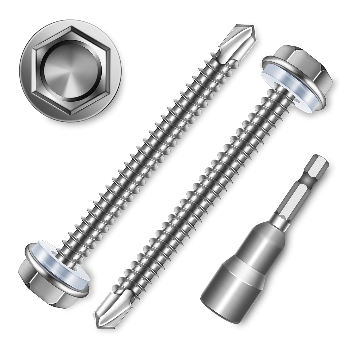 EASTPUK 100Pcs #8 x 1/2" Sheet Metal Screws, 410 Stainless Steel Self Drilling Hex Washer Head Self Tapping Screws for Metal with Drill Bit