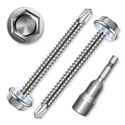 EASTPUK 100Pcs #8 x 1/2" Sheet Metal Screws, 410 Stainless Steel Self Drilling Hex Washer Head Self Tapping Screws for Metal with Drill Bit