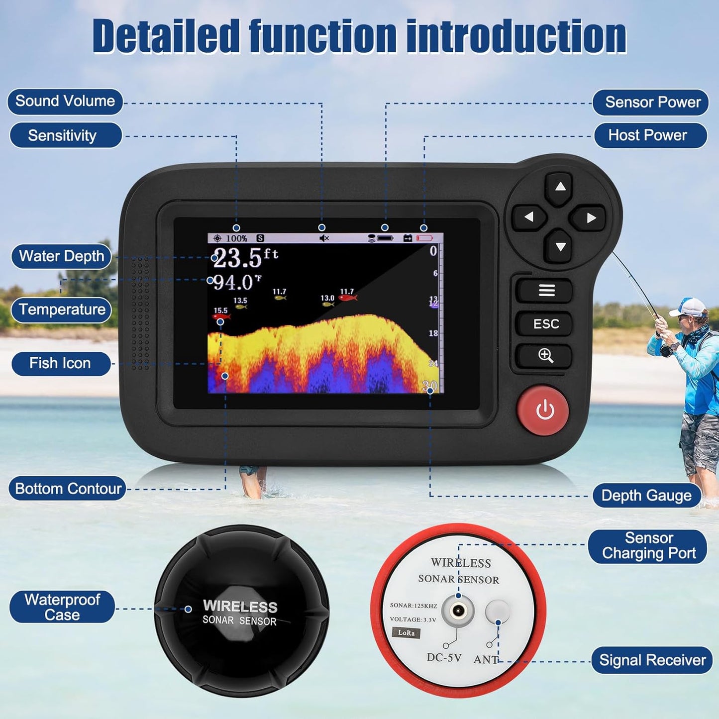 Portable Sonar Fish Finder, Rechargeable Castable Wireless Fish Finders, Kayak Fishfinder with 105° Beam Angle and TFT LCD Display, 2.6-164 FT of Boat Depth Finder for Shore, Sea ＆ Ice Fishing