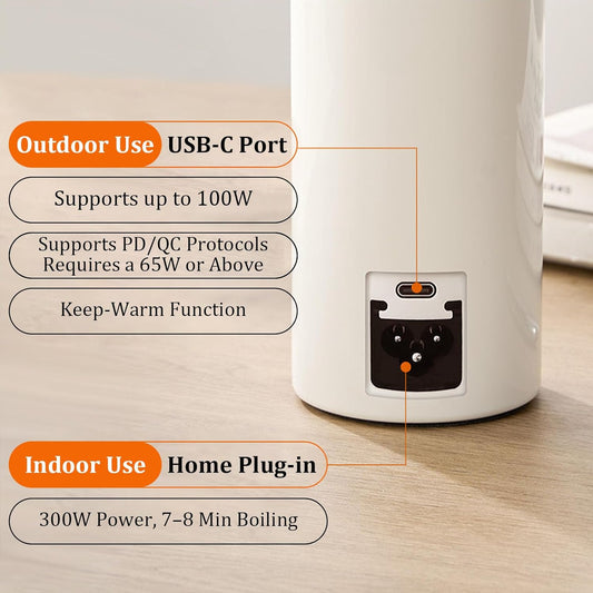 Portable Electric Kettle, 500ml Portable Kettle with USB-C Charger, Mini Travel Kettle with Carry Handle & 6 Adjustable Temperature Settings, Dual Power Modes for Home Travel Car Camping