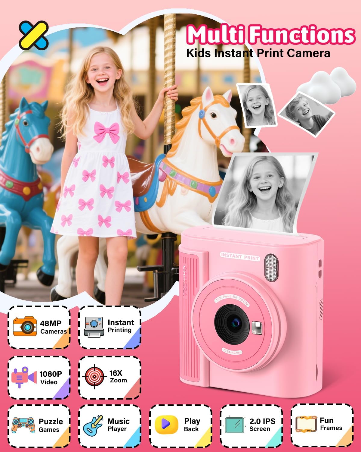 Mgaolo Kids Camera with Instant Print, Thermal Printing Digital Camera Gift for 3-12 Years Old Children, Safe Ink-Free Design, Toy for Creativity & Learning (Black)