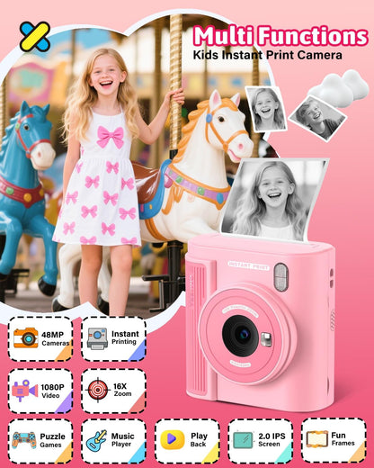Mgaolo Kids Camera with Instant Print, Thermal Printing Digital Camera Gift for 3-12 Years Old Children, Safe Ink-Free Design, Toy for Creativity & Learning (Black)