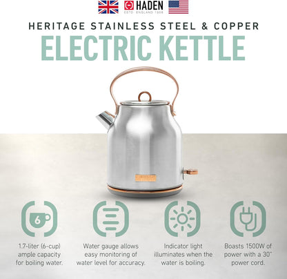 Haden 75041 Heritage 1.7 Liter (7 Cup) Stainless Steel Electric Kettle with Auto Shut-Off and Boil Dry Protection, Black/Copper
