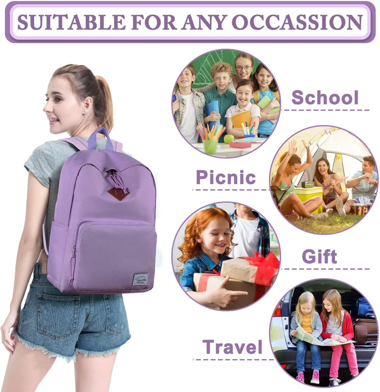 VASCHY Lightweight School Backpack for Women with Sleeve for 14" Laptop