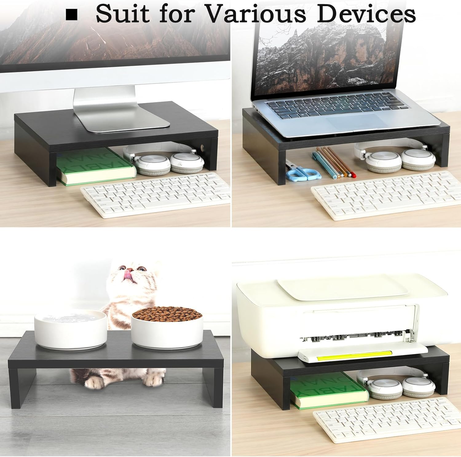 TEAMIX 2 Pack Wood Monitor Stand Riser, Black Adjustable Computer Stand Dual Monitor Riser for Monitors/Laptops/TV, Desktop Shelf Space-Saving - PuriLite