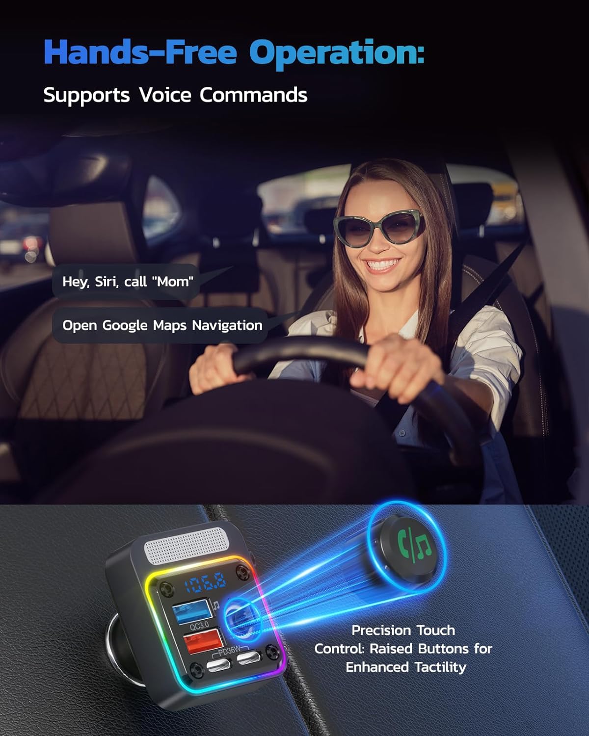 Nulaxy 54W [PD 36W & QC3.0 18W] Bluetooth 5.3 Car Adapter with 4 Charging Ports, Wireless Radio FM Transmitter Audio Receiver with Deep Bass MP3 Music Player, 5 Colors LED Backlit, Hands-Free Calling