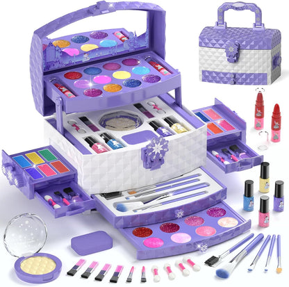 PERRYHOME Kids Makeup Set for Girl 56 Pcs Washable Real Cosmetic, Safe & Non-Toxic Toys Toddler Makeup Kit, Princess Dress up Game Christmas & Birthday Girl Gift for 3-12(Frozen Purple)