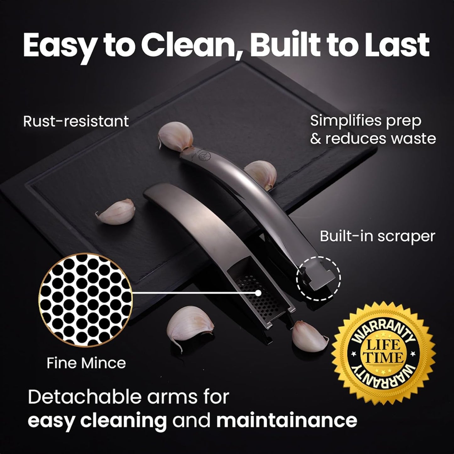 No Peeling Required Garlic Press Stainless Steel with Detachable Handle for Fine Mincing-Premium Garlic Mincer Tool, Rust-Proof, Easy to Clean, Dishwasher Safe Garlic Crusher with Lifetime Replacement