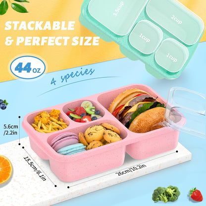 Large Capacity Bento Box for Adults, 4-Piece Set – Stackable Lunch Box with 4 Compartments, Microwave & Dishwasher Safe, Reusable Meal Prep Containers, Snack Containers for Kids & Adults (4 Colors)