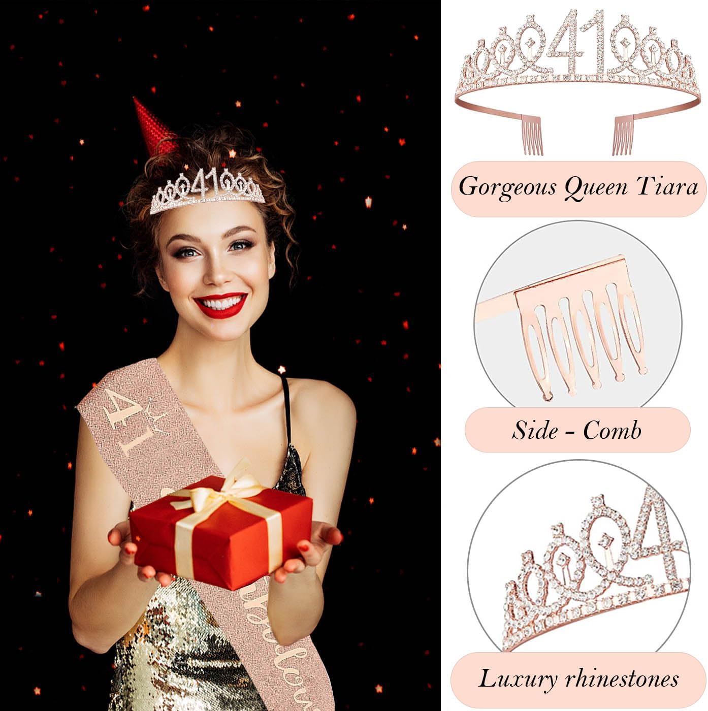 8pcs 40th Birthday Decorations gifts for Women, Including 40th Happy Birthday Cake Topper, Queen Sash with Pearl Pin, Sweet Rhinestone Tiara Crown for Women, Number Candles and Balloons (Rose Gold)