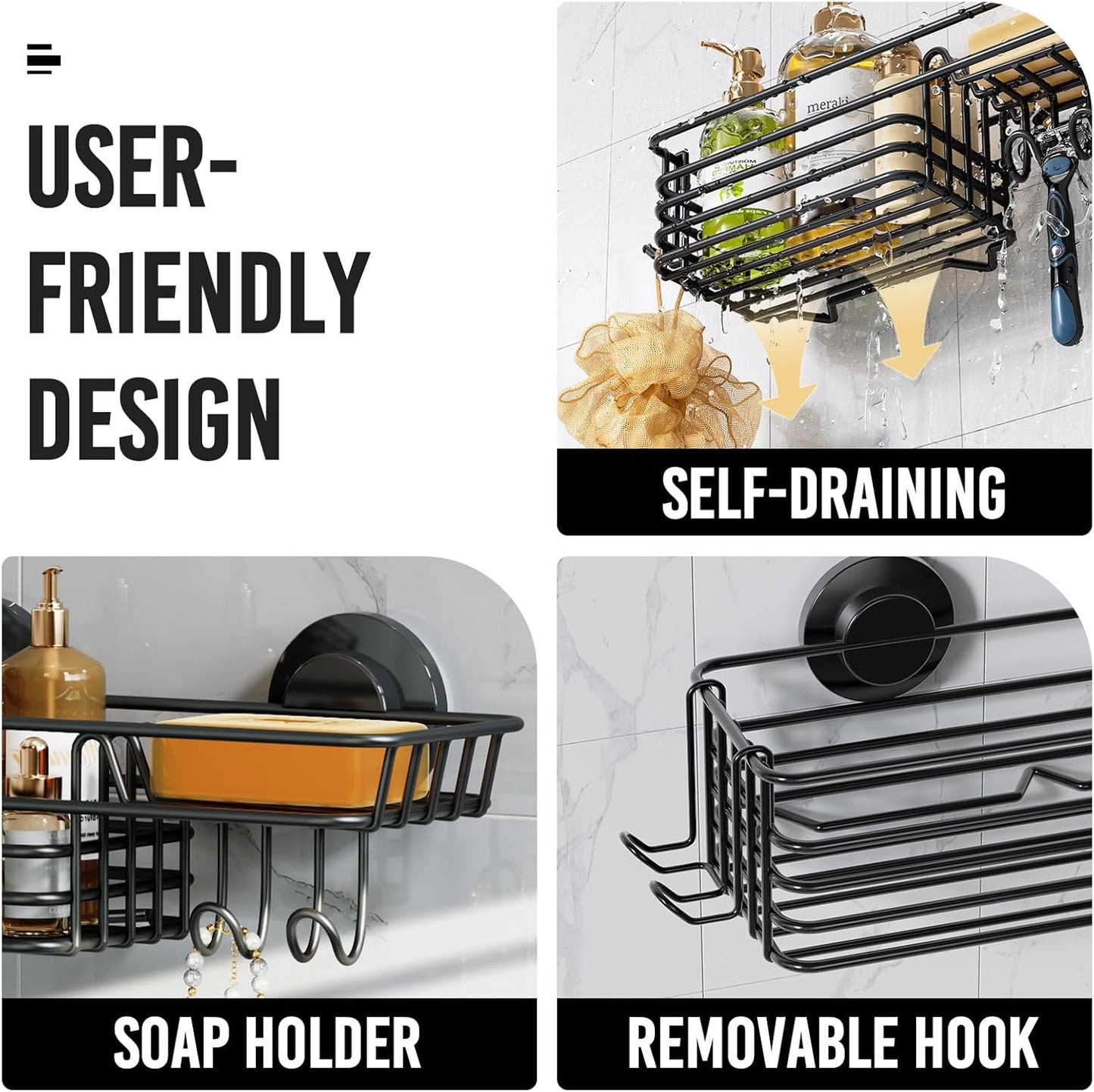 LEVERLOC Shower Caddy Suction Cup, 2 Pack Black Shower Shelf with Hooks and Soap Holder, NO-Drilling Bathroom Organizer, Rustproof Metal Bathroom Storage and Organization
