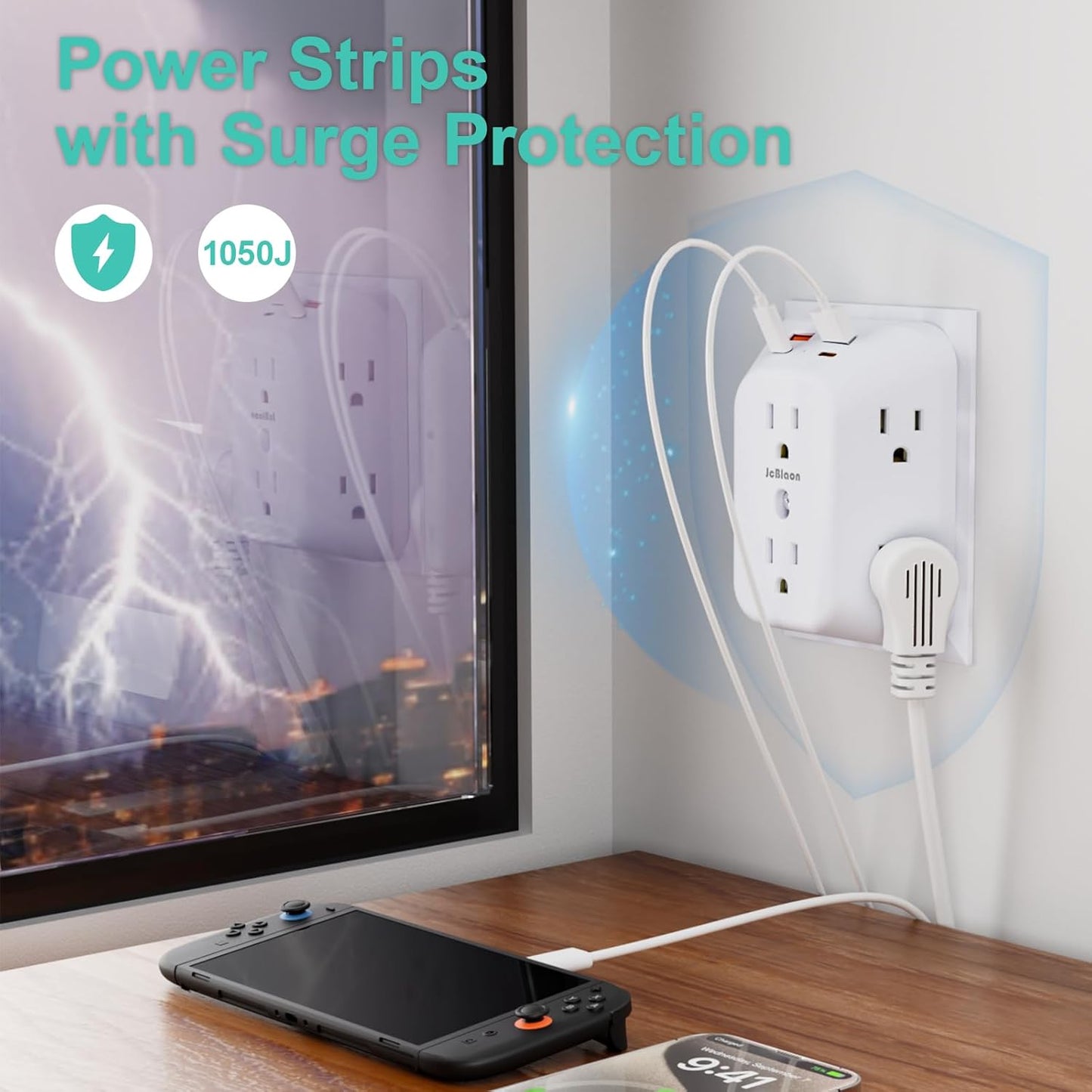 Multi Plug Socket Surge Protector | 10-in-1 Wall Outlet Extender | 6 AC Outlets | 2 USB-A & 2 USB-C Ports | 4-Pack